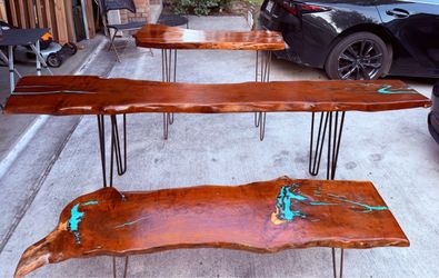 Wood Table, sofa, entry, coffee and Tv stand. Turquoise inlay. Hand crafted.