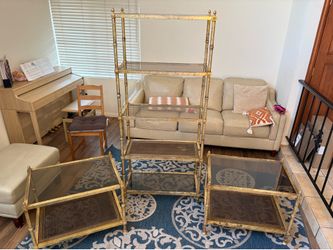 Vintage Hollywood Regency Faux Bamboo 3-Piece Brass & Glass Furniture Set
