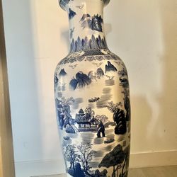 Fine Antique Chinese Blue & White Celadon Porcelain 4' Tall Floor Vase