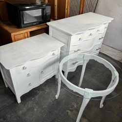 3 pc: large wood 3-drawer dresser $55, 3-drawer w/ cabinet $50, round console/ entry table w/glass top $25 