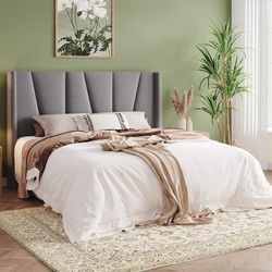 Queen Size Platform Velvet Bed Frame with Headboard, Grey Boho Geometric Wingback Headboard, Wooden Slats Support, No Box Spring Needed, Easy Assembly