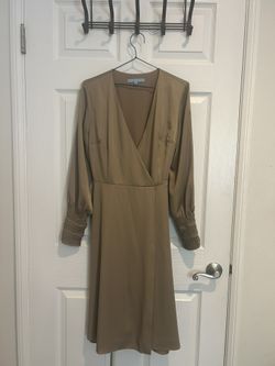 Olive Green Long-Sleeve Wrap Midi Dress – Elegant & Flowy