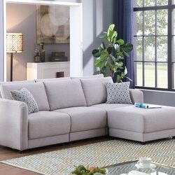 ✅85.5" Light Gray Linen Sofa with Ottoman and Pillows Modern Contemporary Upholstered, Ottoman Pillow Included
