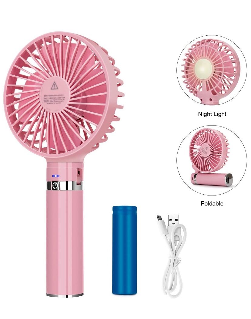Battery Fan Foldable Portable Fan with LED Night Light,USB Mini Fan Rechargeable Portable Desk Fan 3 Speeds,Foldable Handle for Office Room Outdoor Tr