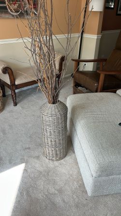 Tall Gray Wicker Floor Vase with Branches