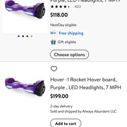 Brand New Hover-1 Rocket Hoverboard, Purple, LED Headlights, 7 MPH Max Speed, 160 lbs Max Weight, 3