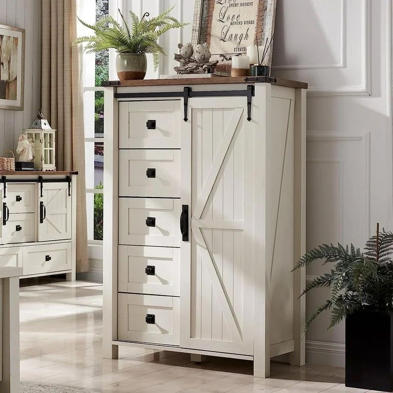 OKD Modern Farmhouse 5-Drawer Dresser with Barn Door, Adjustable Storage Cabinet for Bedroom Living Room, White