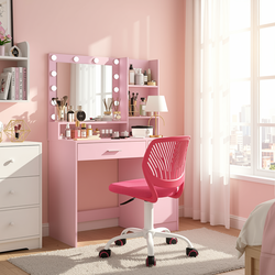 Homy Casa Lecce+Carnation Vanity Desk and Chair 2PC Bedroom Vanity Set with Lighted Mirror, Large Drawer Storage, and Adjustable Lighting in Pink