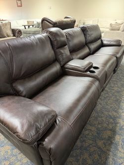 Brown Leather Reclining Sofa with Console