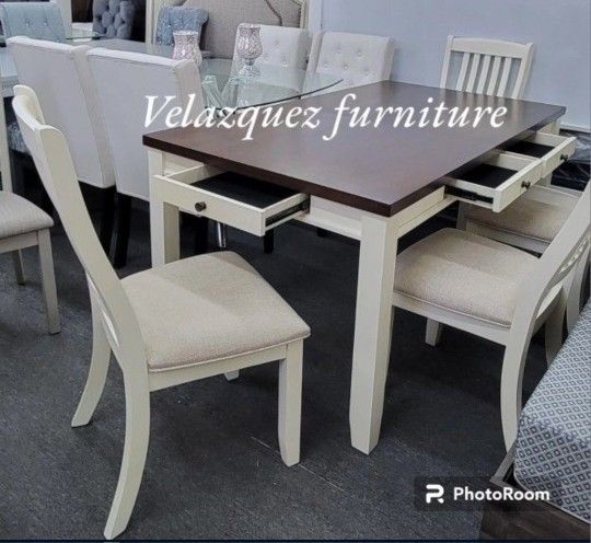 ✅️✅️6 pc Cottage country two tone off white and walnut finish wood dining table set with bench (Limited quantity)