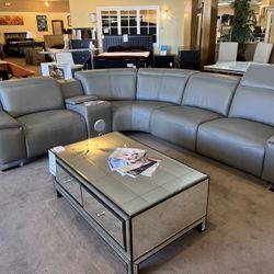 Grey Leather Sectional Recliner w/electrical, USP, Speaker 