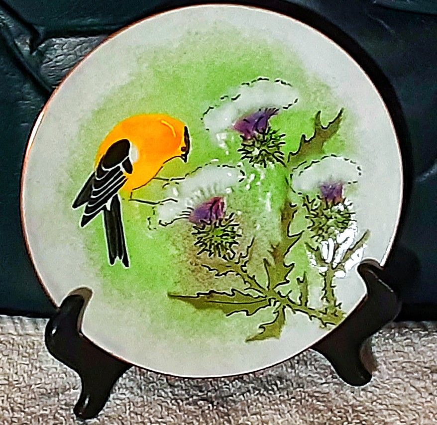 Brumm Midcentury enameled copper dish plate 7" D depicting a goldfinch bird w stand !  PERFECT ! 