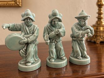 Set of 3 Celadon Green Musician Figurines – 6–7” Tall