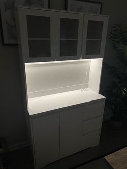 Modern Kitchen Pantry Cabinet Hutch with LED Lights | White | Move Out Sale