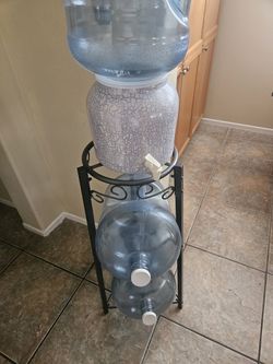 Ornate Water Dispenser Stand, Ceramic Crock & 3 Five Galon Bottles With Lids