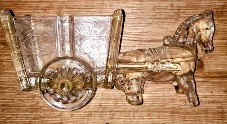 Vintage horse pulling cart glass candy or trinket holder