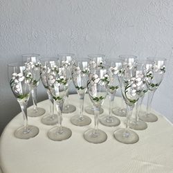 Set of 13 Vintage Perrier-Jouët Hand-Painted Flower Champagne Flute Glasses
