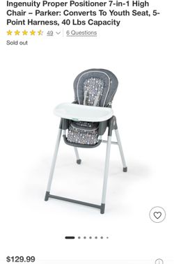 Ingenuity Proper Positioner 7-in-1 High Chair – Parker: Converts To Youth Seat, 5-Point Harness, 40 Lbs Capacity