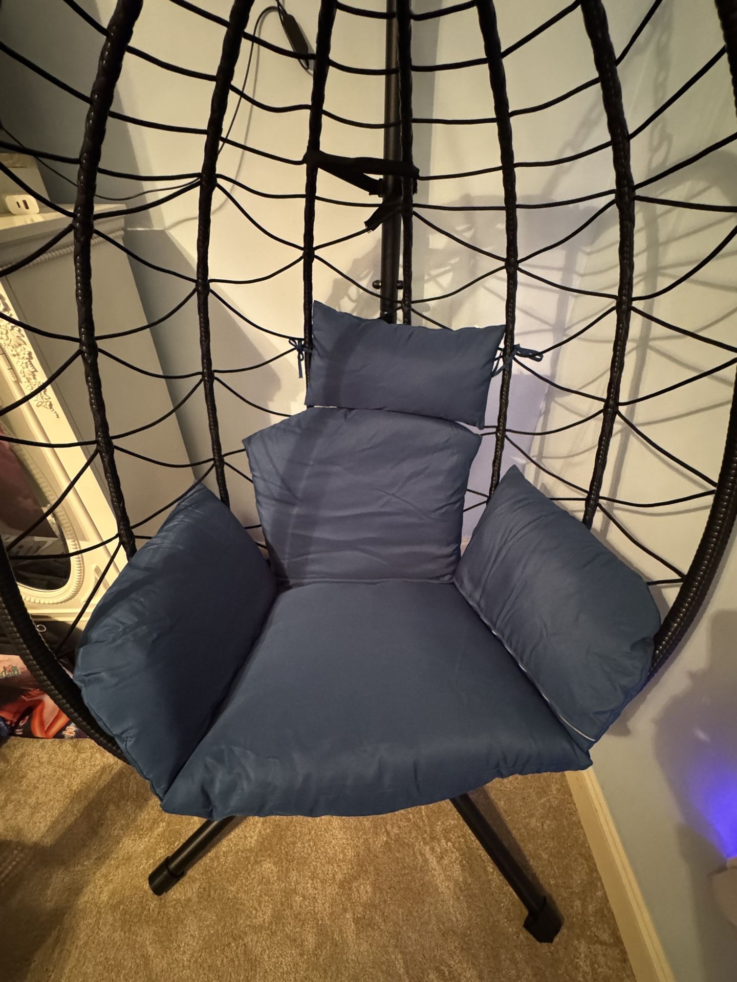 Wicker Hanging Egg chair With Navy Cushion