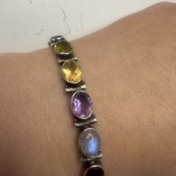 Vintage Sterling Silver Genuine Stones Link Bracelet 925 