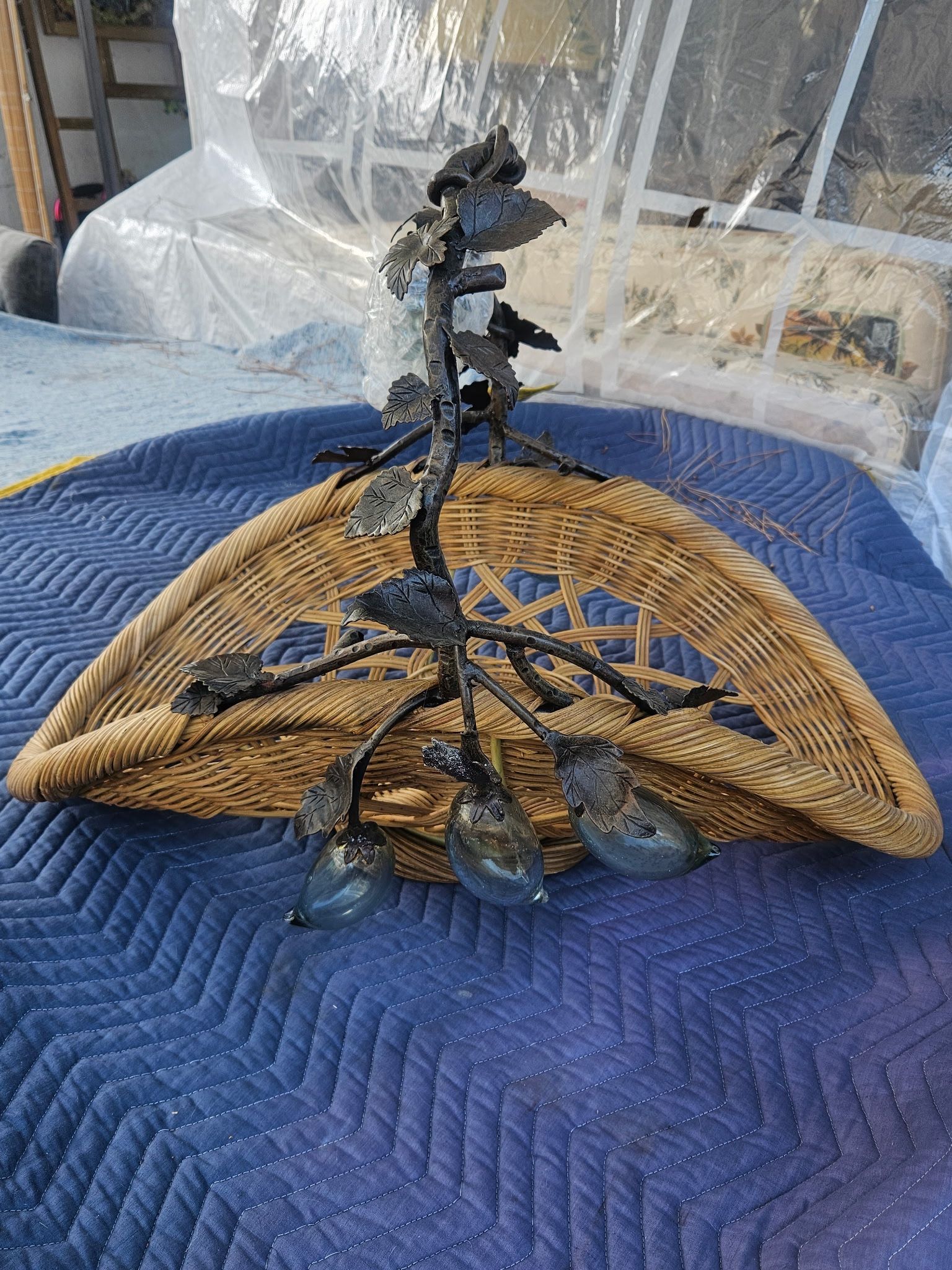 Vintage Large Gathering Wicker Basket Glass Grapes Pear Wrought Iron Style Handle Farmhouse Decor $180 OBO! {ch}