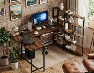 L-Shaped Desk with Bookshelf Industrial Style