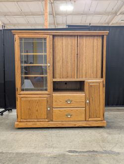 Sturdy Oak Wood Media Console Hutch with Glass Display