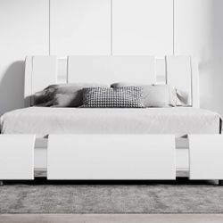 Queen size Upholstered Platform Bed Frame with Metal Decor and Adjustable Headboard