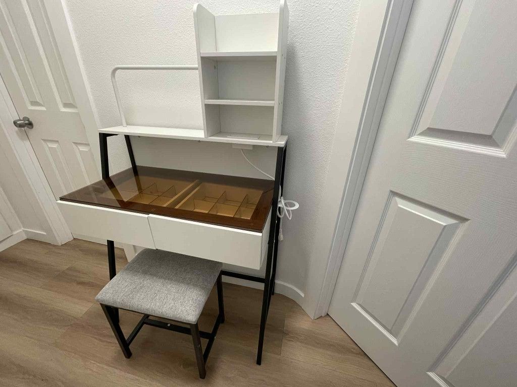 Modern Vanity Desk with Stool & Built-In Outlets