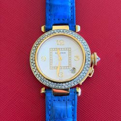 Pasha de Cartier 18k yellow gold Automatic 35mm Blue & Red Leather Band 1035 Diamond Bezel White Roman Dial  Watch Box Appraisal