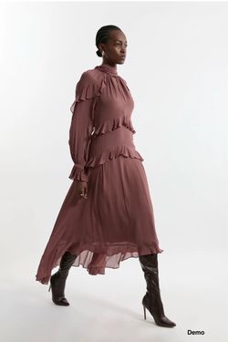 KarenMillen Tall Viscose Georgette Ruffle Detail Drama Woven Maxi Dress (UK8/Small)