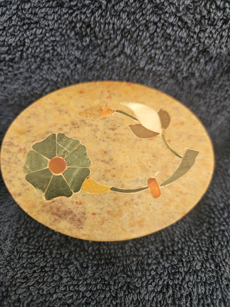 2 Carved Soapstone Trinket Jewelry Boxes With Flower Inlay