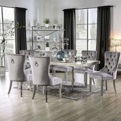 Brand New Glam 7 Piece Dining Set Chairs Have Chrome Legs And Ring Grey Velvet Tufted Wingback 