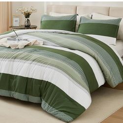Litanika Olive Green Comforter Set Twin/Twin XL - 2 Pieces Lightweight Olive Green White Colorblock Stripe Fluffy Bedding Comforter Sets, All Season B