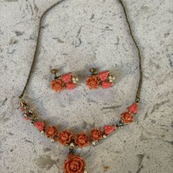 Vintage Celluloid Rose Necklace & Earring Set