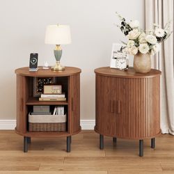 2pcs 23.5"H Wooden Round End Table With Charging Station