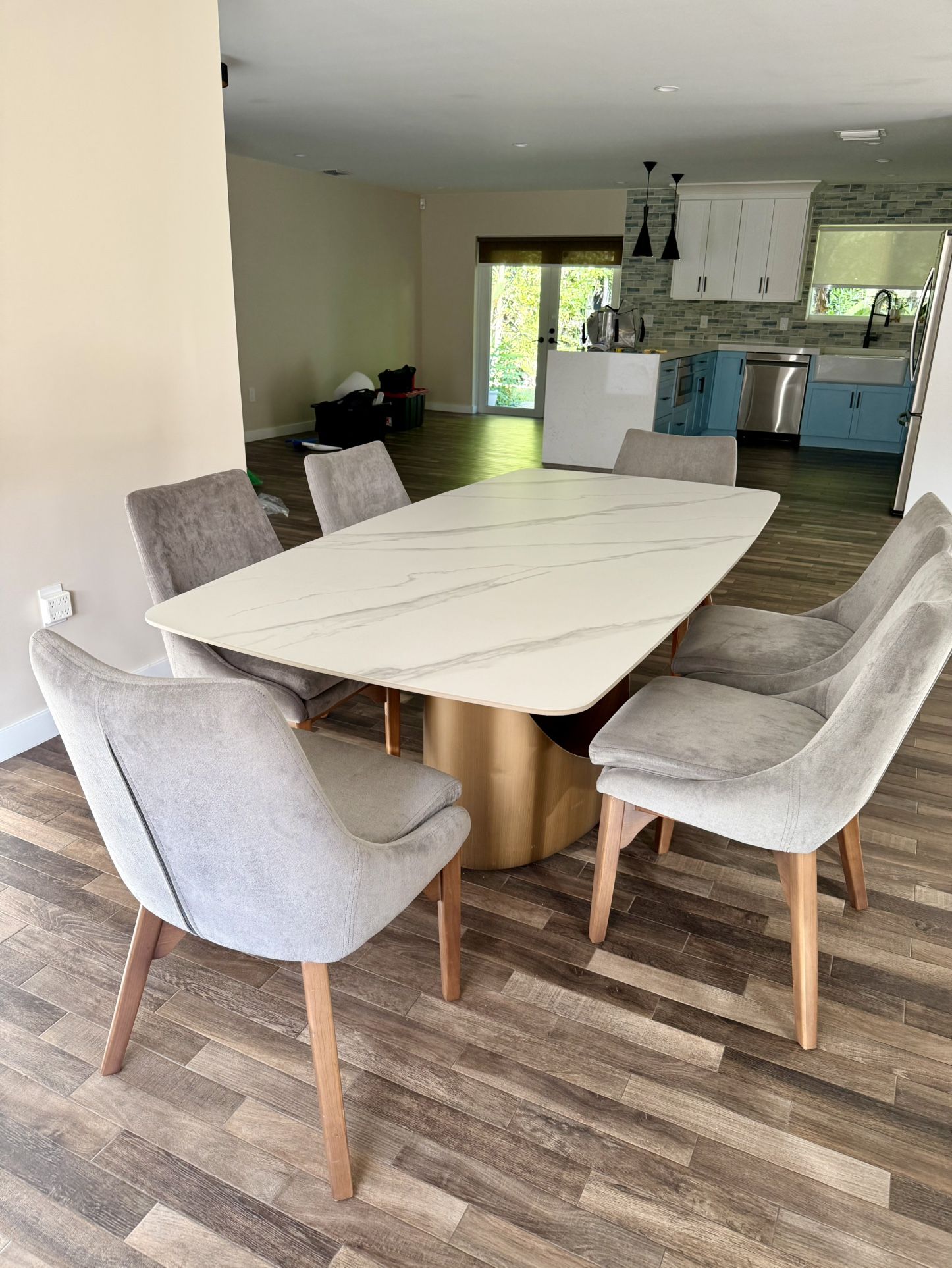 Modern Marble Dining Table with Copper Metal Base + 6 Gray Chairs — Like NEW