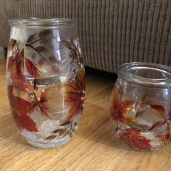 YANKEE CANDLE AUTUMN LEAVES--CRACKLE GLASS TEALIGHT CANDLE HOLDER SET