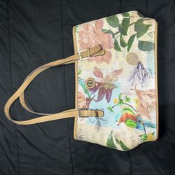 Vintage GIANI BERNINI Colorful Tropical Flower Parrot Print Tote Handbag