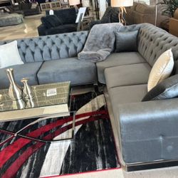 Gray Velvet Modern Luxury L Shaped Sectional Sofa  /P