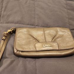 Coach Script Clutch with wrist Strap - Olive metallic Pleated Leather 