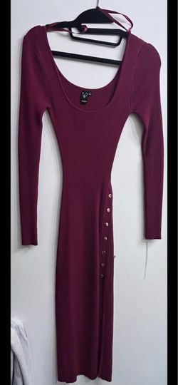 maroon long sleeve midi dress with button detail