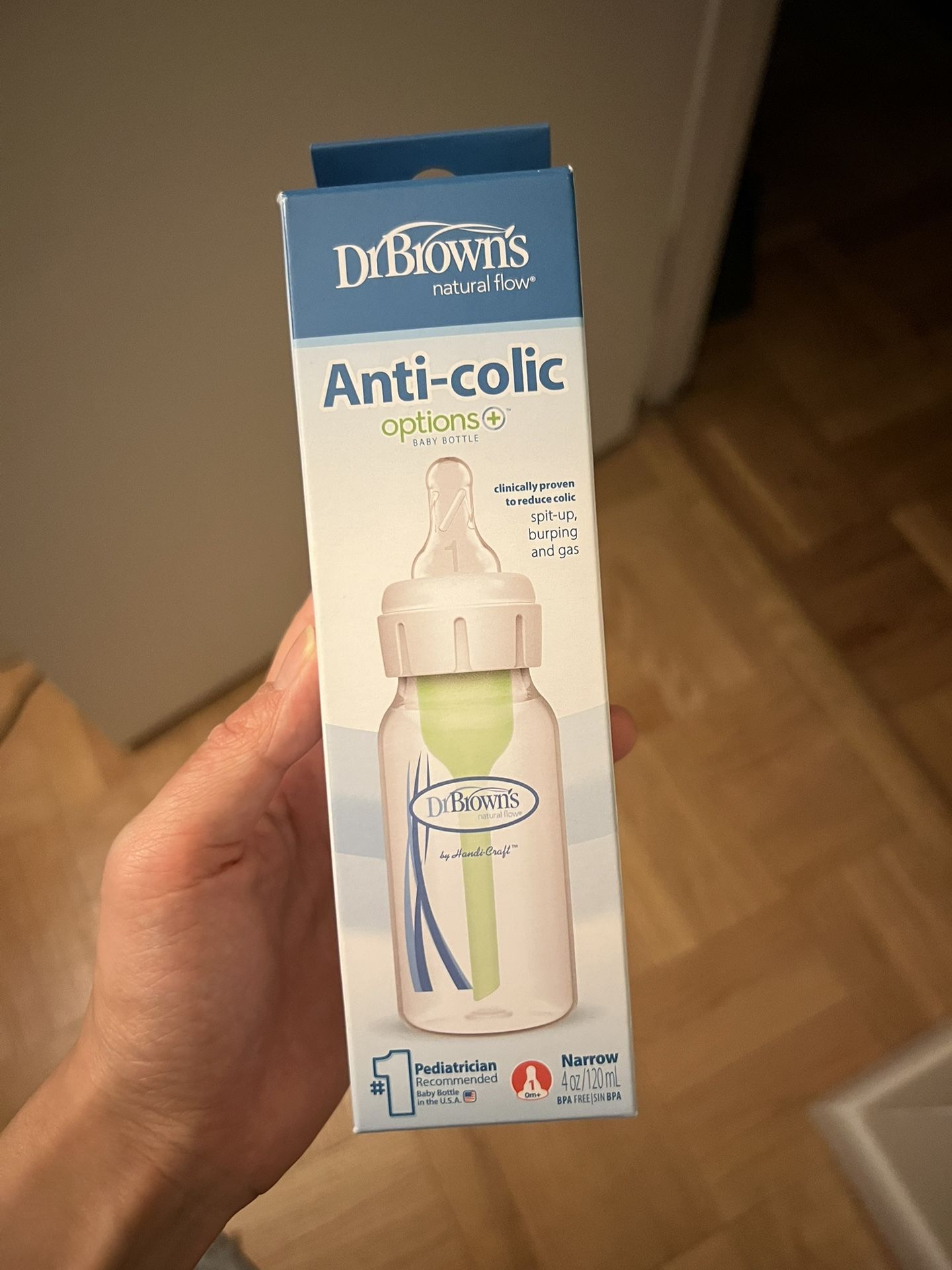 Dr. Brown's Natural Flow Anti-Colic Options+ Narrow Baby Bottle, 4oz, Nipple 0m+