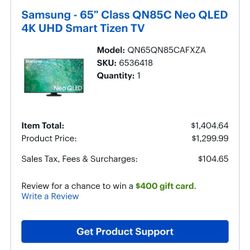 New.. Samsung -65" Class QN85C Neo QLED 4K UHD Smart Tizen TV
Model: QN65QN85CAFXZA SKU: (contact info removed)