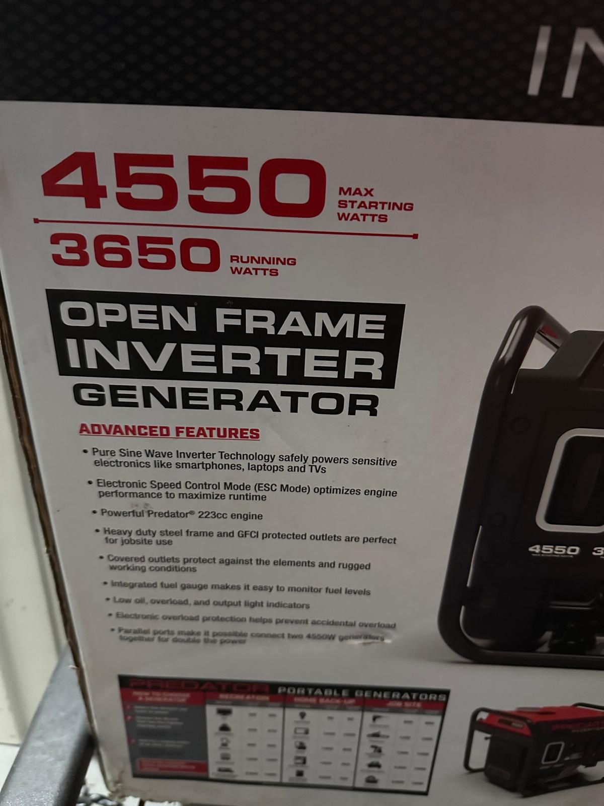 Predator Inverter Generator - 4550 Starting Watts / 3650 Running Watts - $580