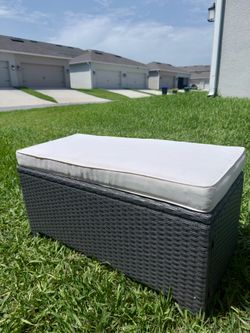 Selling a wicker bench with white cushion, 35.6” × 18” × 15”