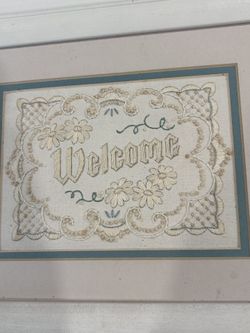 Vintage Framed “Welcome” Embroidered Piece