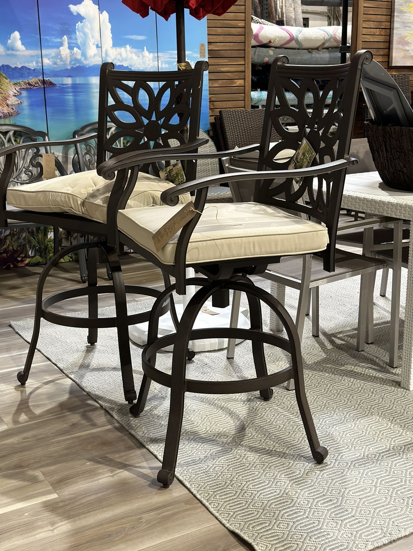 {TWO} Bethany-Ann 27.8" Patio Bar Stool With Cushions. MSRP $720. Our price $360 + sales tax 