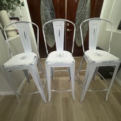 Set of 3 White Metal Barstools 