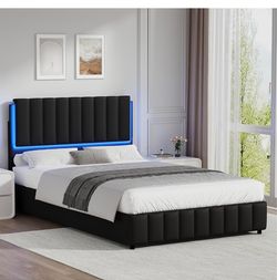 Full Size Bed Frame with LED Lights and Headboard, Black Faux Leather Upholstered platform bed with wooden slat support, noise-free, no box spring nee